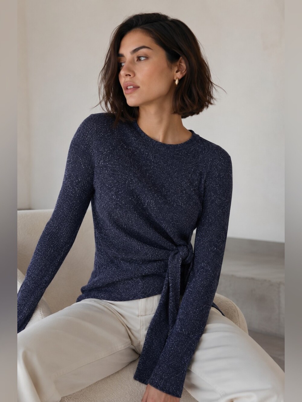 3.1 PHILLIP LIM Metallic Rib-Knit Crewneck Pullover Sweater w/ Waist Tie
